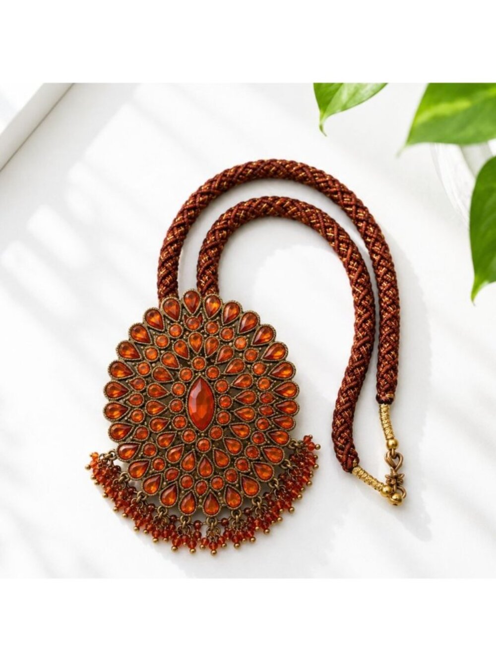 Handcrafted Vintage Orange Gemstone Necklace With Gold-Tone Pendant & Braided Ro